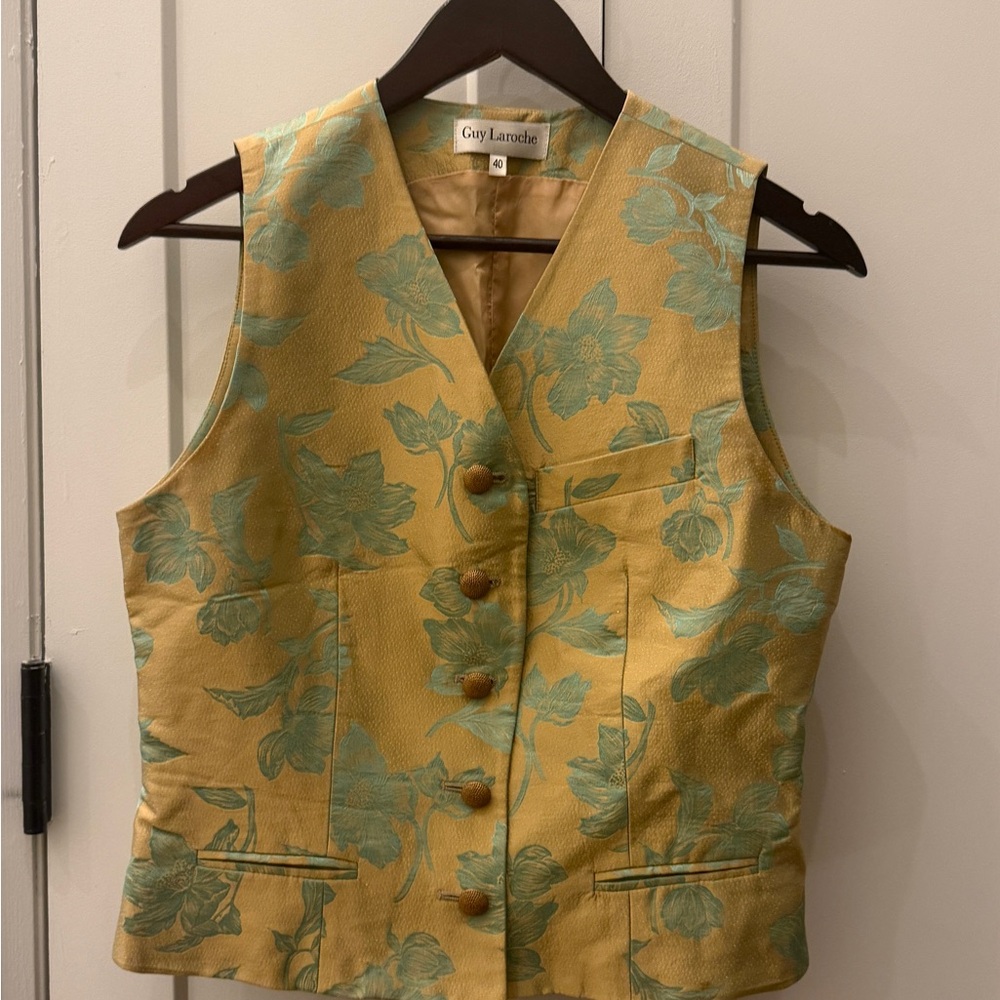 Guy Laroche Yellow and Mint Floral Brocade Vest
